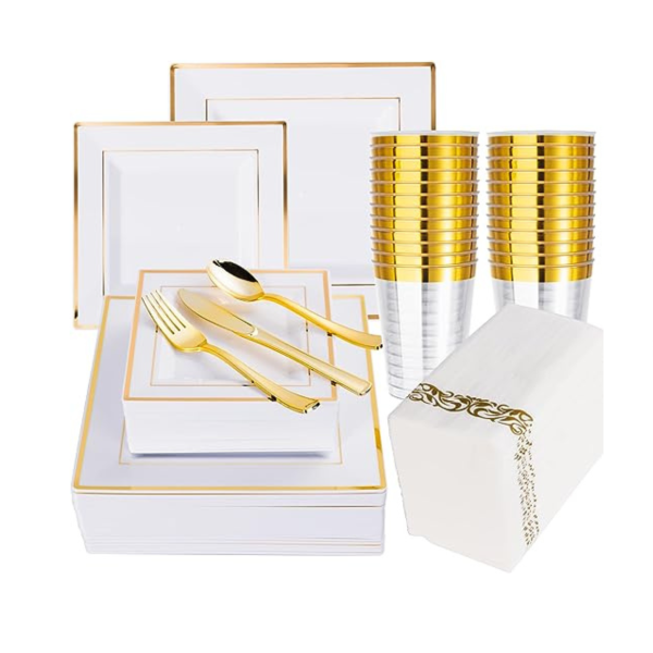 N9R 350 Pcs Gold Plastic Disposable Dinnerware Set (Service for 100) on Sale