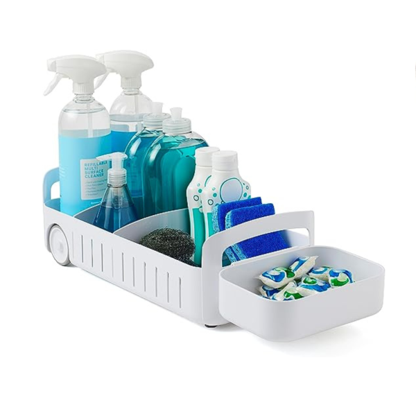 YouCopia RollOut Caddy Rolling Storage Bin with 2 Adjustable Dividers and Removable Basket Online Sale