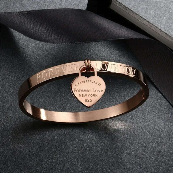 Trendy Lover Cuff Bracelets Bangles for Woman Rose Gold Color Stainless Steel Bracelet with Heart Pendant Luxury Jewelry Sale - Image 5