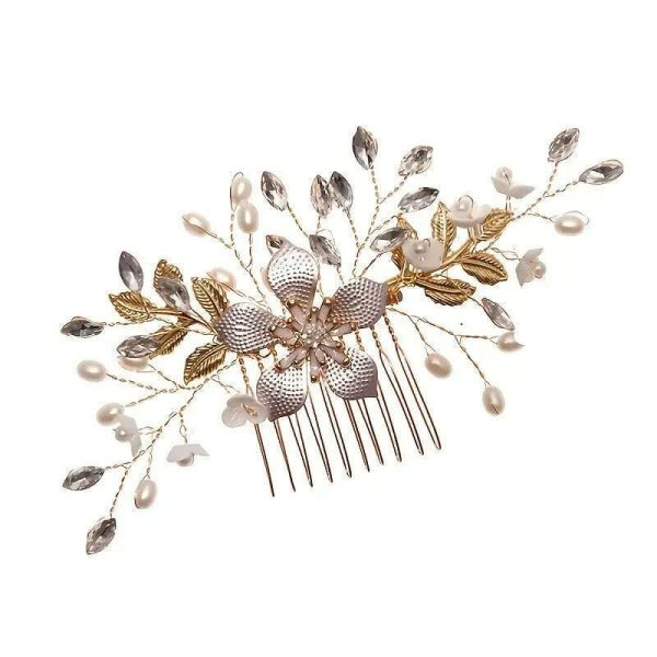 Wedding Bridal Wreath Comb Pearl Gold Long Hair Vine Hair Accessory Flower Rhinestone Handmade Tiara Headpiece Discount - Image 4